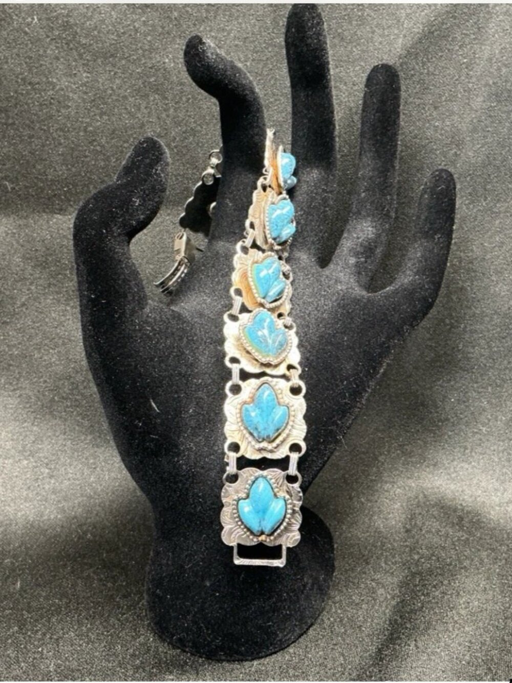 Vintage Faux Turquoise Silver Tone Panel Link Bracelet Southwestern Style 7”